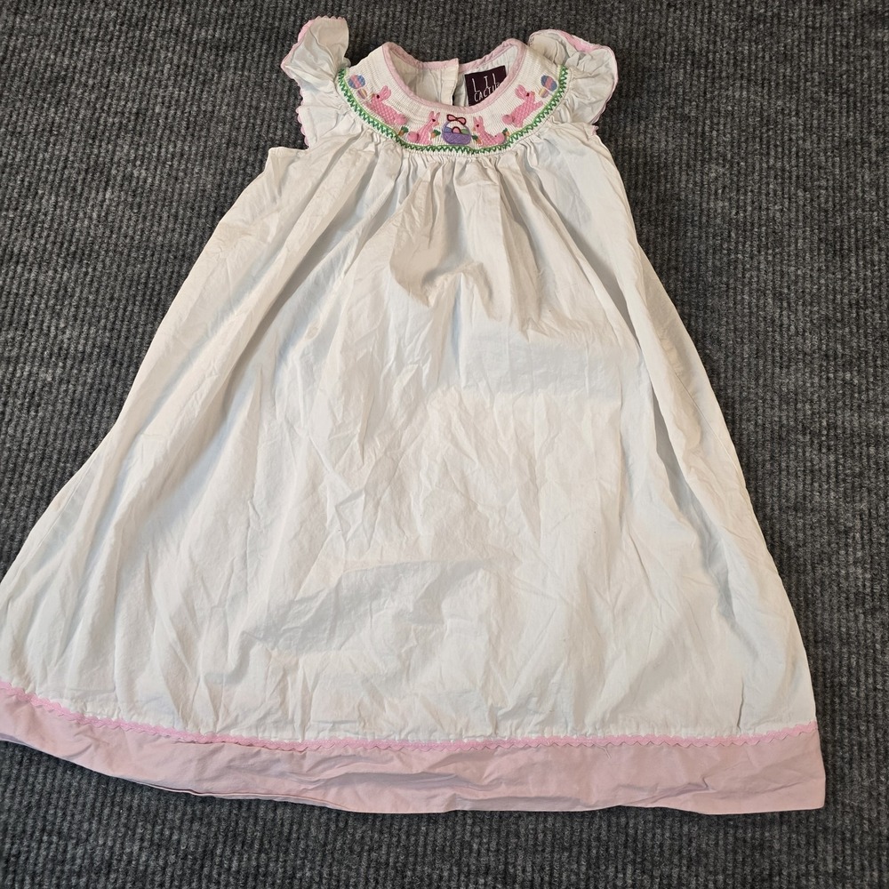 LIL‎ CACTUS Smocked Dress Bunnies & Basket WHITE & PINK Baby Size 6Y